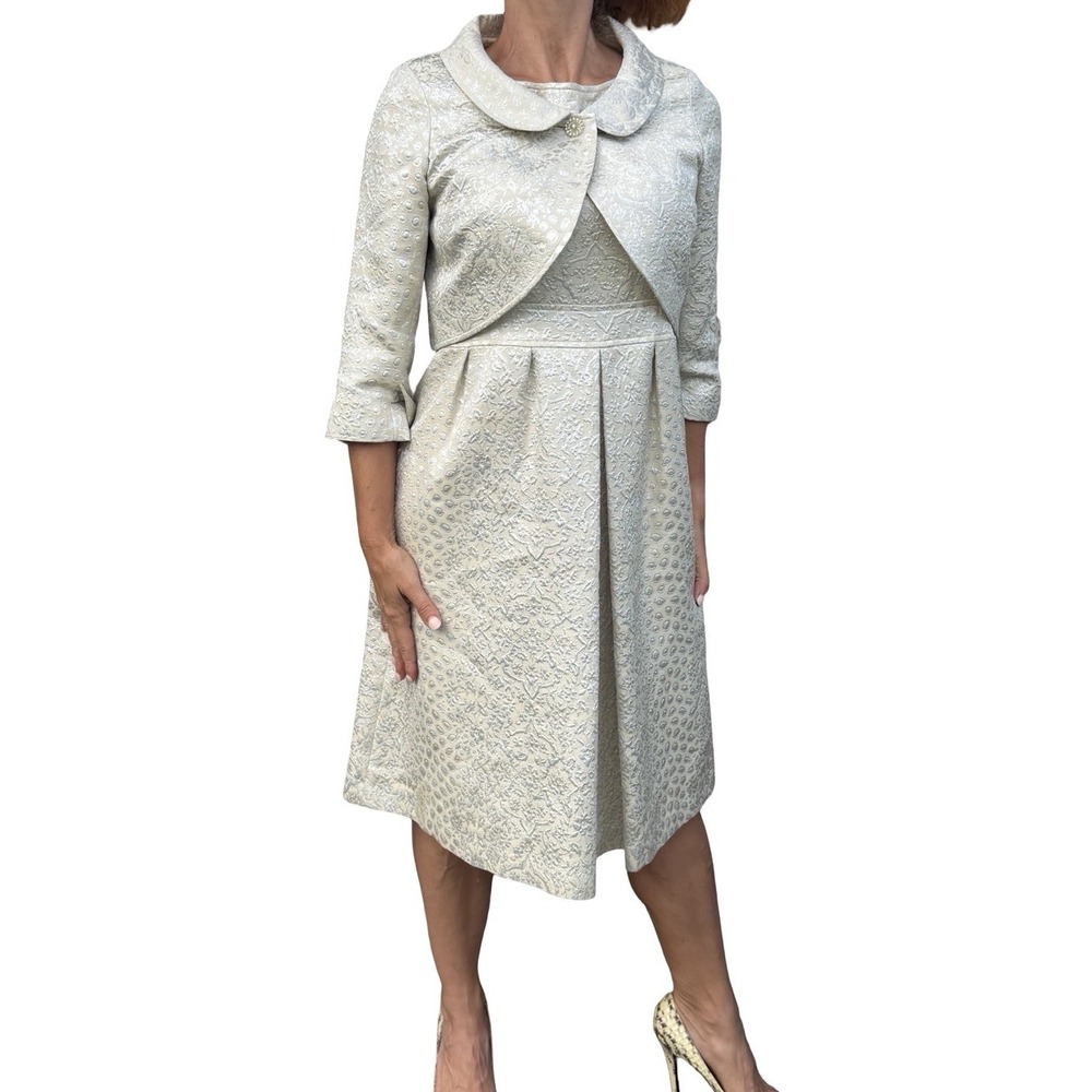 Teri Jon By Rickie Freeman Dress Bolero 8 Cream Metallic Jacquard Wediing Formal